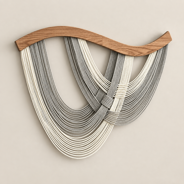 Rope Wave Wall Hanging on a Curved Wood Beam, 80 x 60 cm