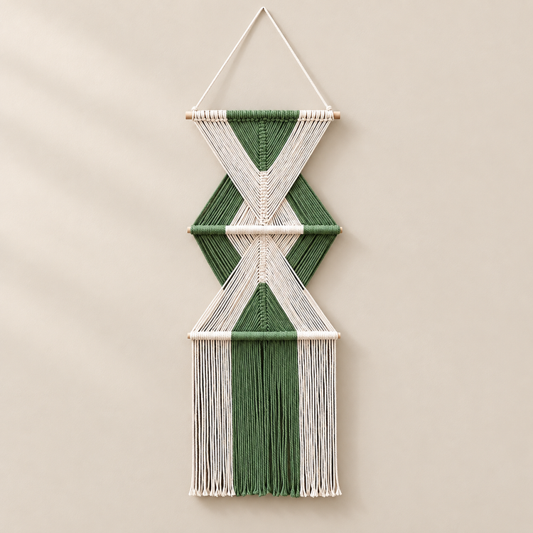 Green studio on cream, stacked hourglass tiers, twisted cord, short pale dowels