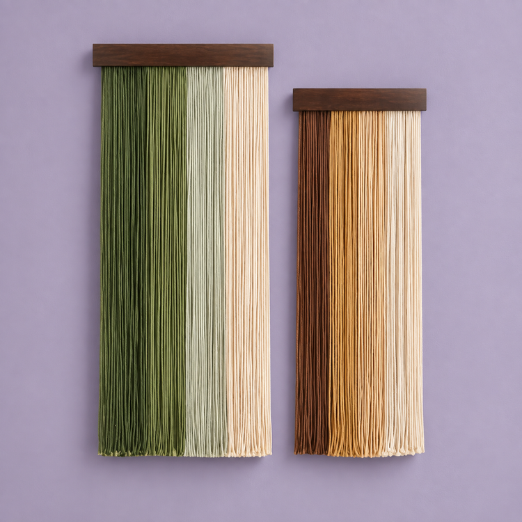 Olive and rust fringe panel pair at two heights on dark battens, lilac wall