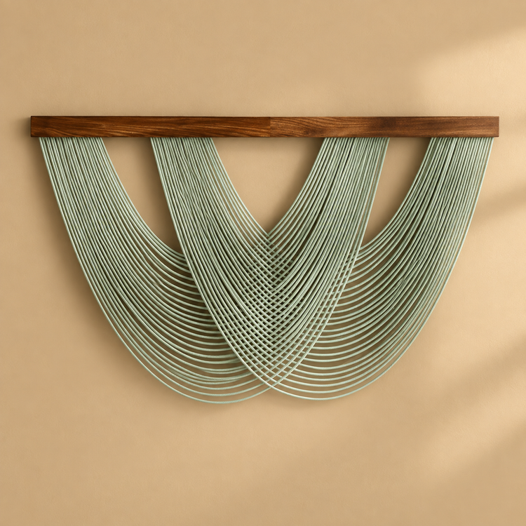 Green studio on ochre, woven lattice swag in 3 colors, twisted cord, dark stained wood batten