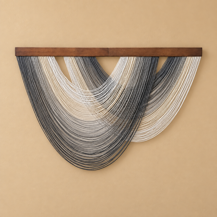 Gray studio on sand, graded swag fan in four colorways, fine twisted cord, stained wood rod