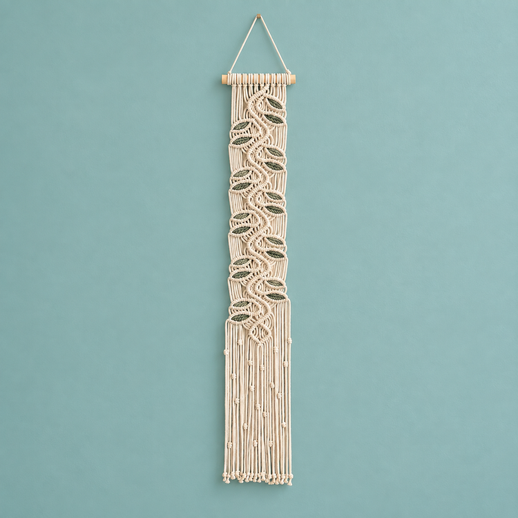 A vertical macrame wall hanging with intricate woven leaf patterns and long fringe, suspended from a wooden dowel against a solid light blue background.