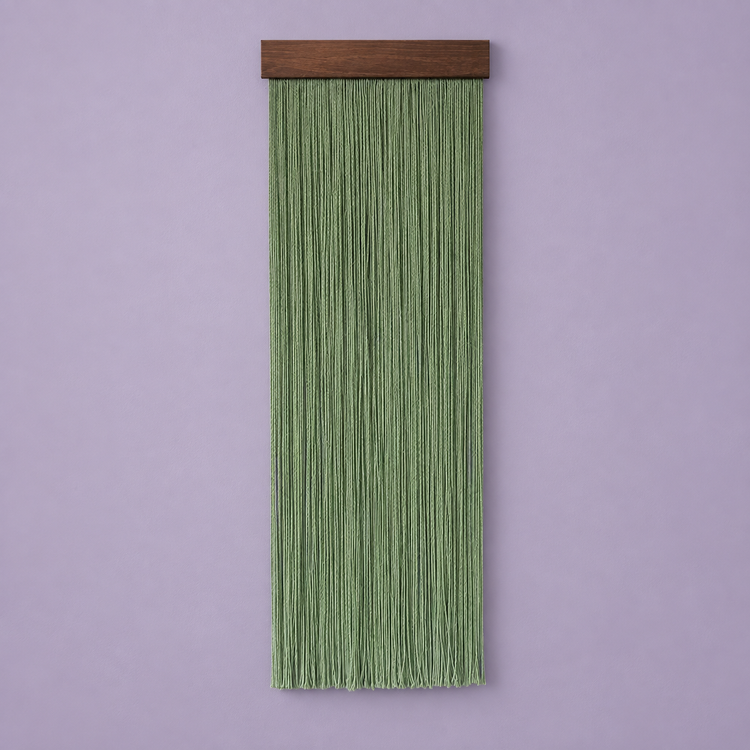Sage green fringe wall hanging under a dark stained batten on a lilac wall