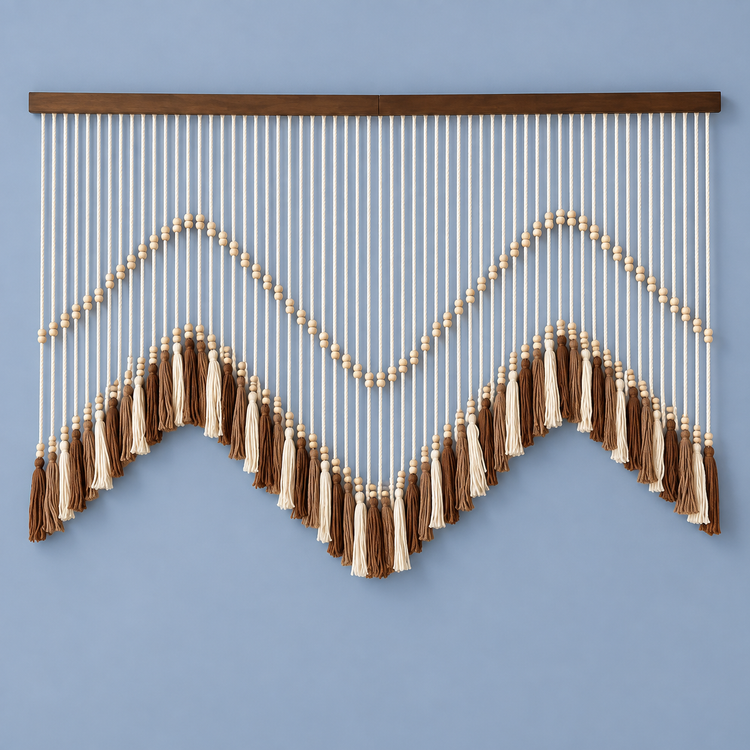 M-shaped coffee studio on blue, zigzag bead and tassel curtain