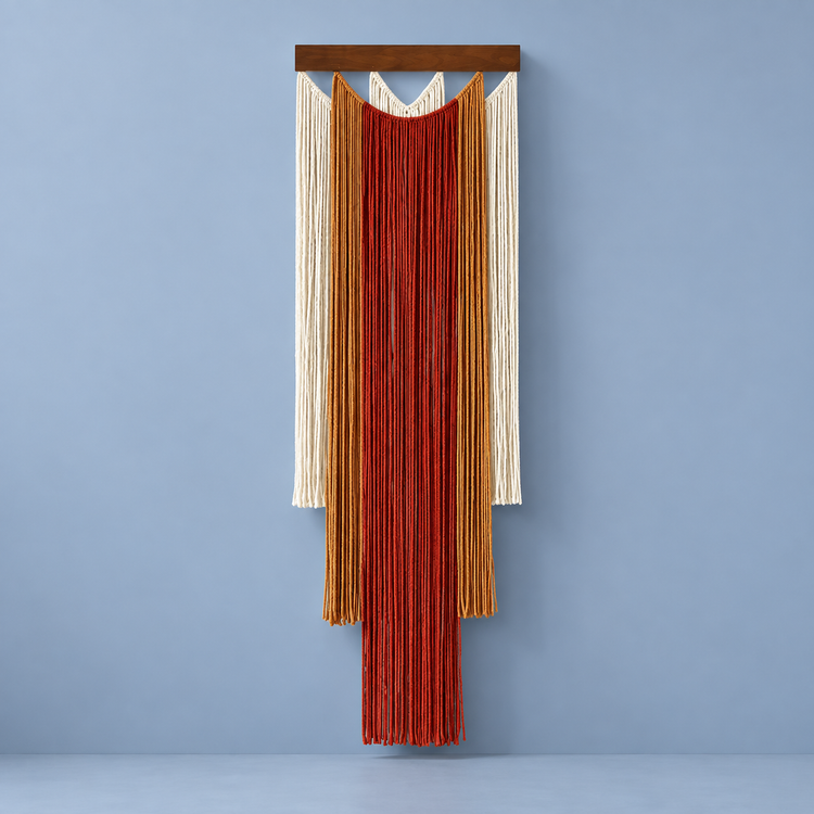 Brick red, mustard and cream stepped fringe wall hanging on a blue wall