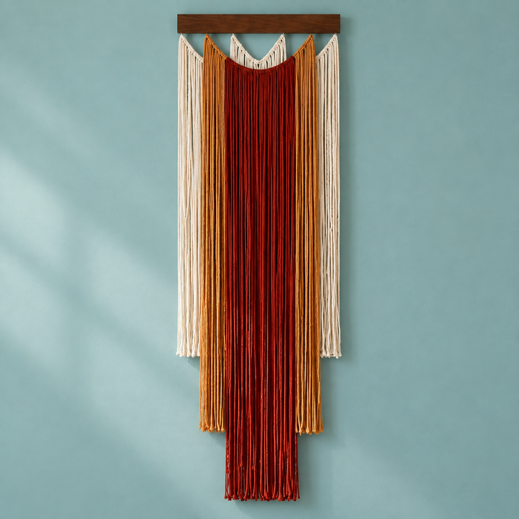 Brick red, mustard and cream layered fringe wall hanging on a teal background