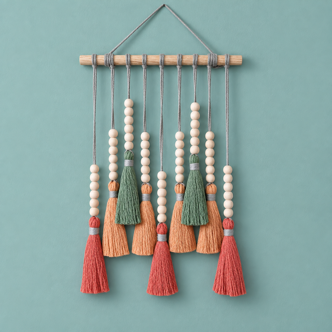 A bohemian-style wall hanging featuring a light wood dowel suspended by gray cord, with multiple vertical strands of white beads and tassels in coral pink, sage green, and peach, set against a solid teal background.