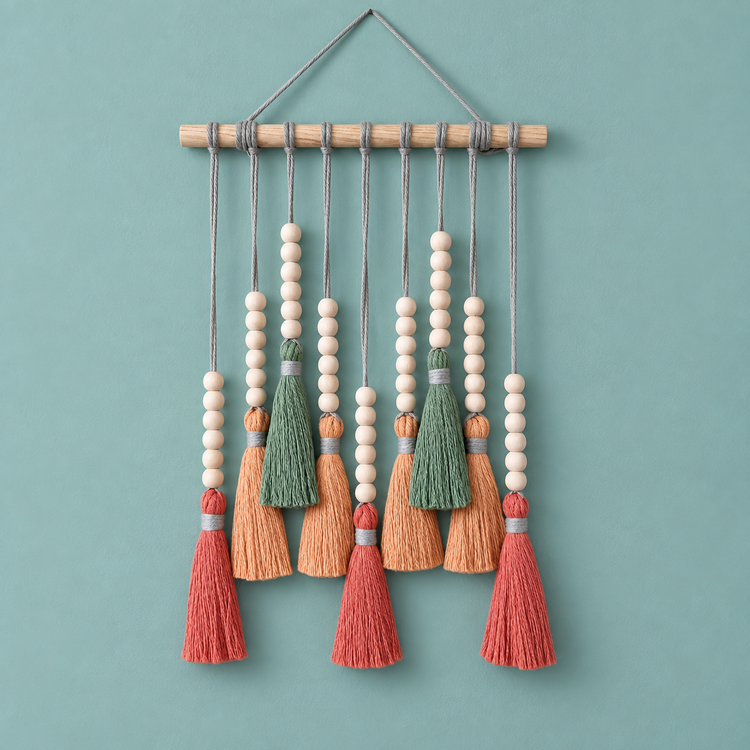 Red option studio on teal, small beaded tassel row on a dowel