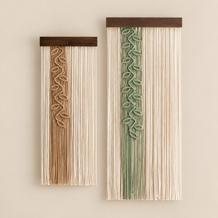 Small and large together, studio on cream, knotted leaf vine panel, single or pair