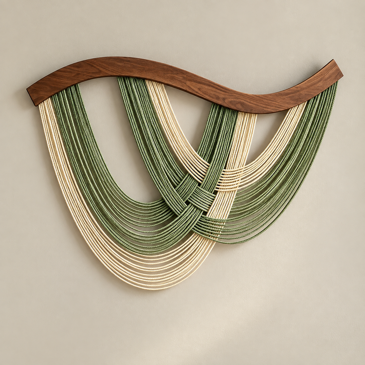 A modern wall-mounted decorative sculpture featuring a wavy dark wood top band and layered woven strands in sage green and cream, displayed against a neutral beige wall.