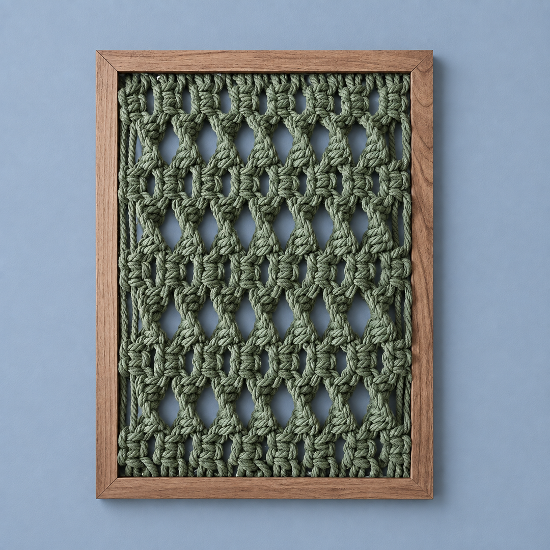A square framed wall art piece featuring an olive green knotted textile pattern in a wooden frame, set against a solid light blue background.