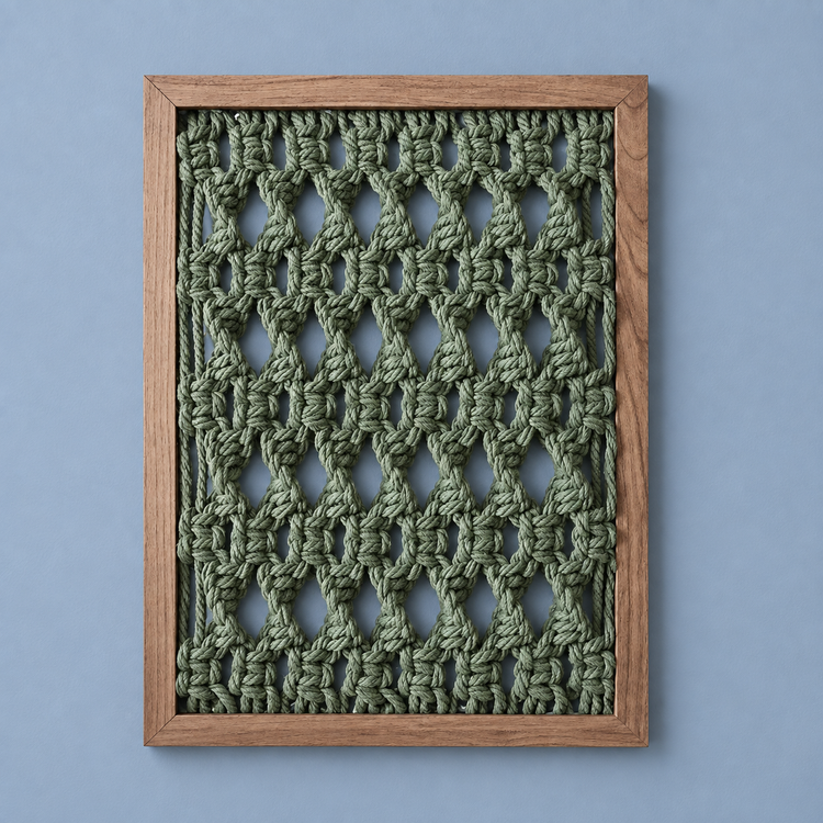 Three frames above a bed, cream and green, macrame panel in 13 knot styles