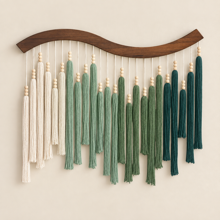 Teal green studio on cream, wave cut pole with graded beaded tassels
