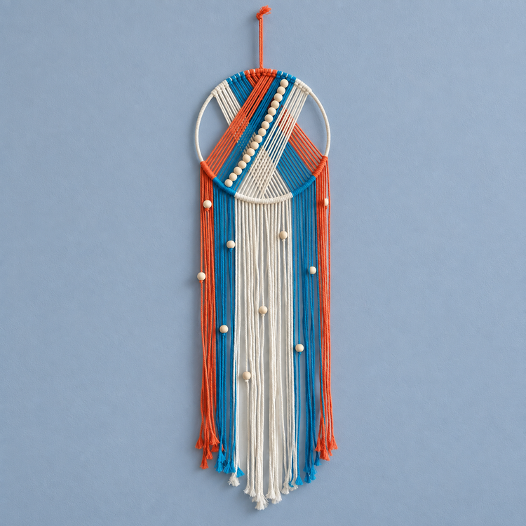 Orange and blue option studio on blue, beaded hoop with chevron and fringe