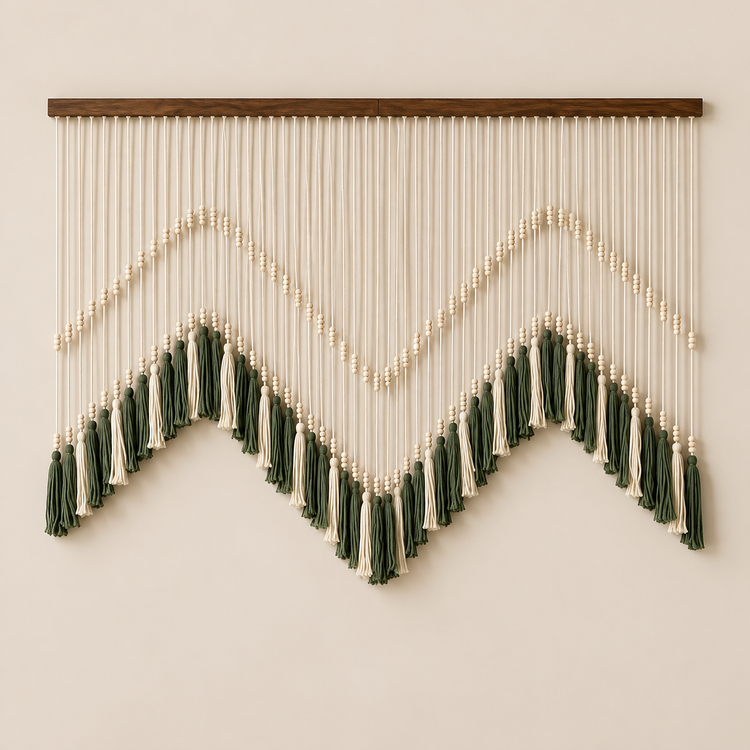 Type M Green studio on cream, beaded zigzag tassel panel, m or n wave