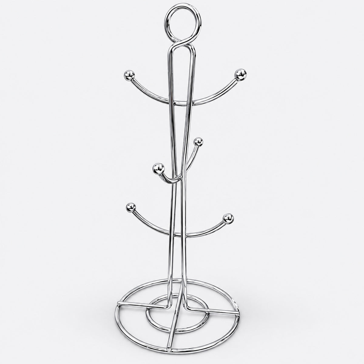 One empty silver six-hook mug tree with circular base.