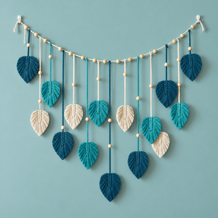 A decorative hanging garland made of woven leaf-shaped ornaments in teal, blue, and cream, suspended from a string with small wooden beads, against a solid light blue background.