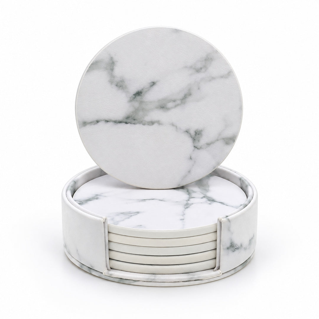 Six white 10 cm artificial-leather coasters with matching holder.