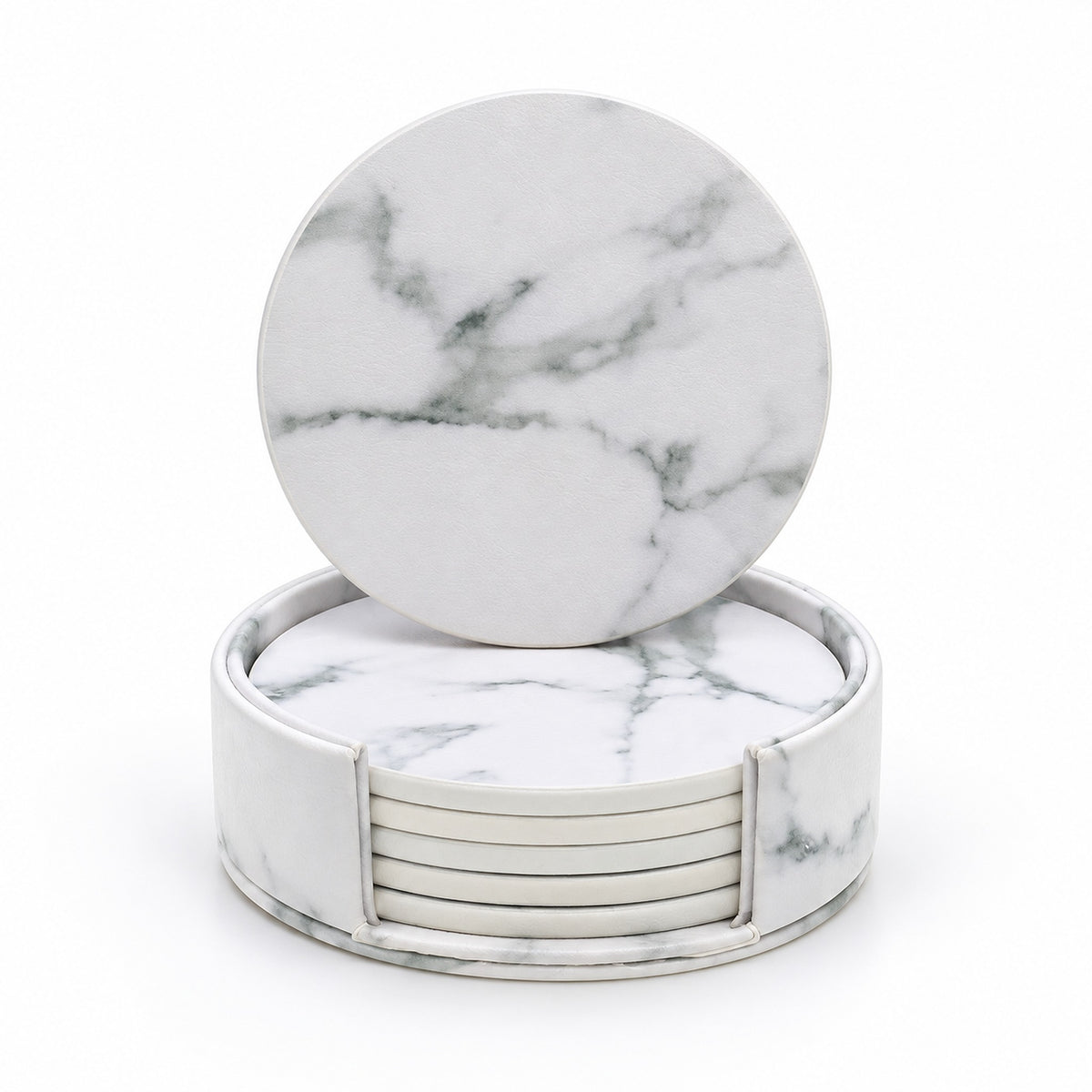 Six white 10 cm artificial-leather coasters with matching holder.