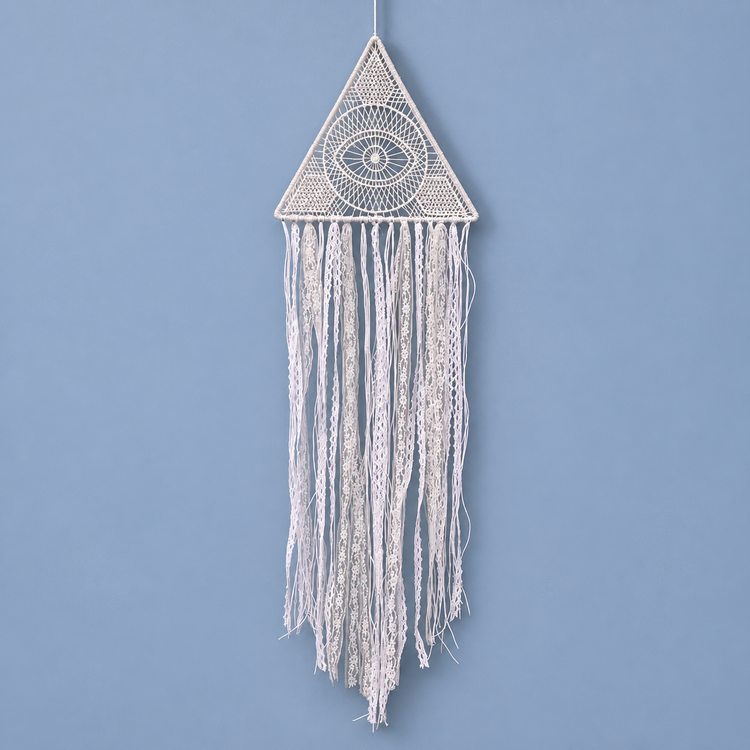 Option 4, cream triangle with eye, studio on blue, hoop, moon or eye triangle