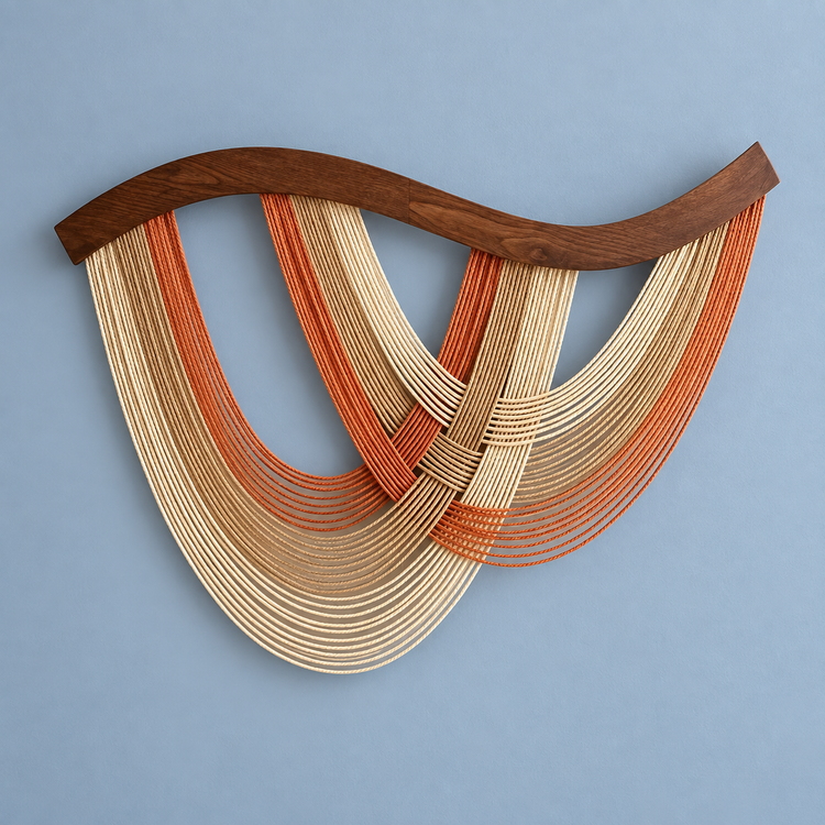 Ginger coffee studio on blue, crossed swags in four colors, twisted cord, dark stained wave-cut wood rod