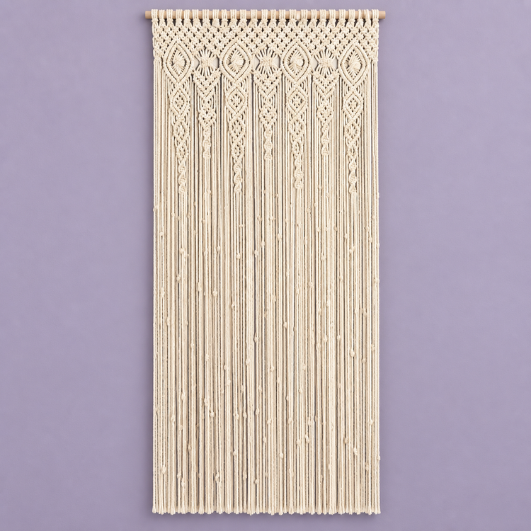 A 95x200 studio on lilac, macrame door panel in 6 sizes, twisted cord, wooden hanging rod