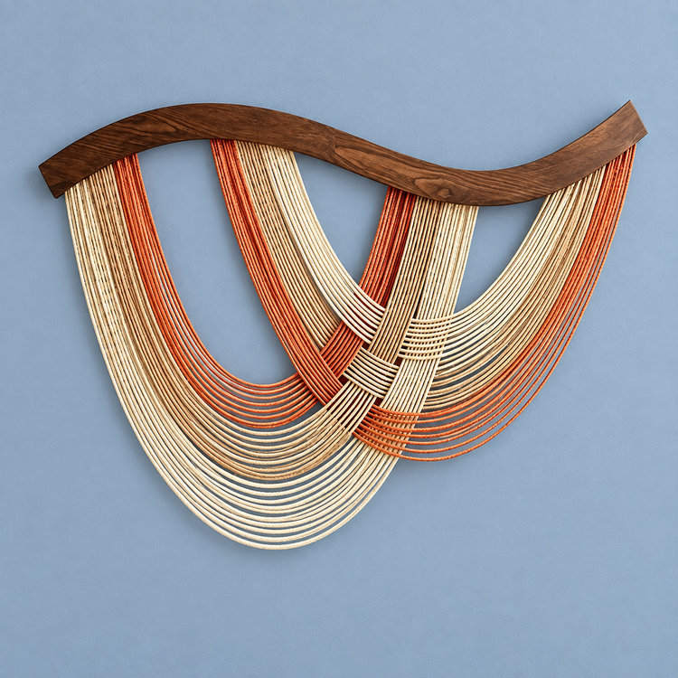A2 orange studio on blue, crossed swags on wood, twisted cord, dark stained wave-cut wood rod