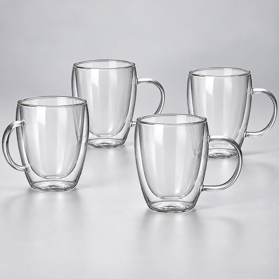 Four empty 350 ml clear double-wall glass mugs with handles.