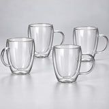 Four empty 350 ml clear double-wall glass mugs with handles.