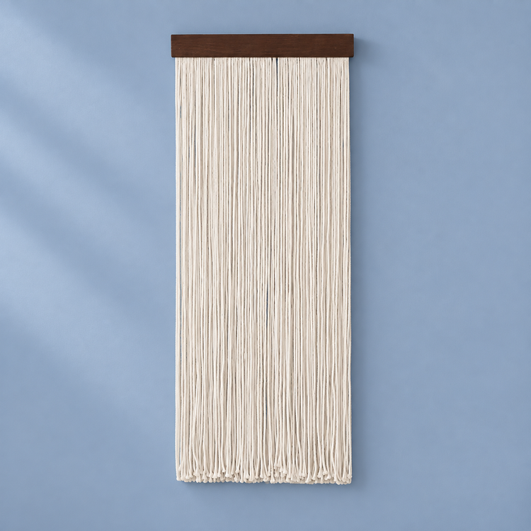 Single cream fringe panel on a dark wood batten against a blue background