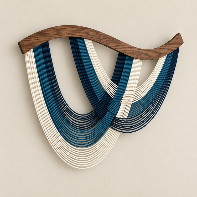 Abstract wall art featuring layered curved strands in cream, teal, and navy blue, suspended from a wavy wooden top, displayed against a warm beige wall.