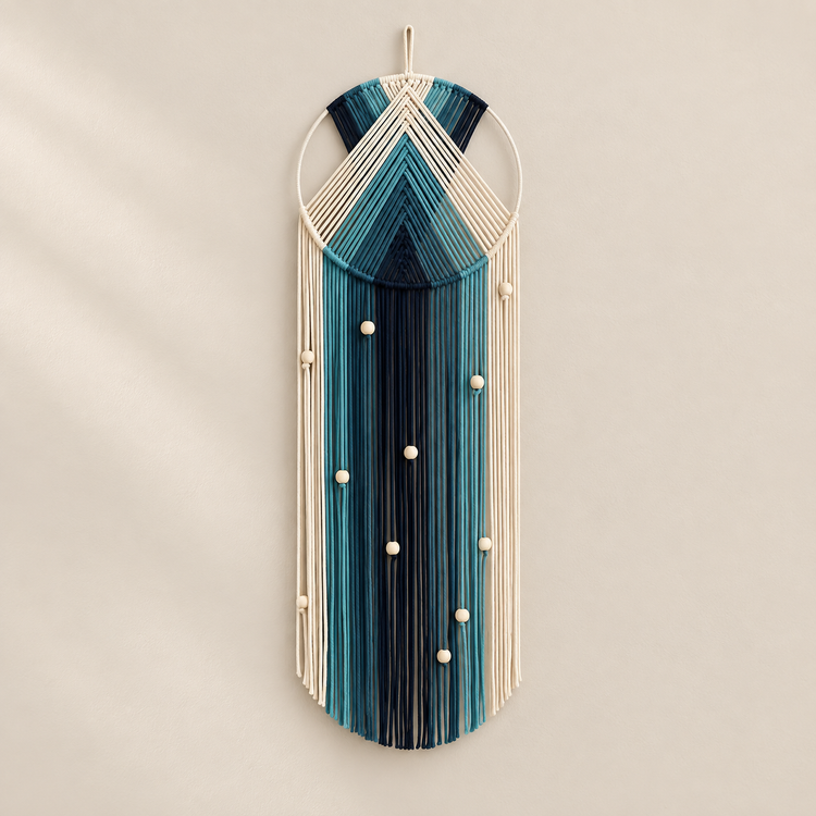 Navy, teal and blue chevron hoop wall hanging with wooden beads on cream