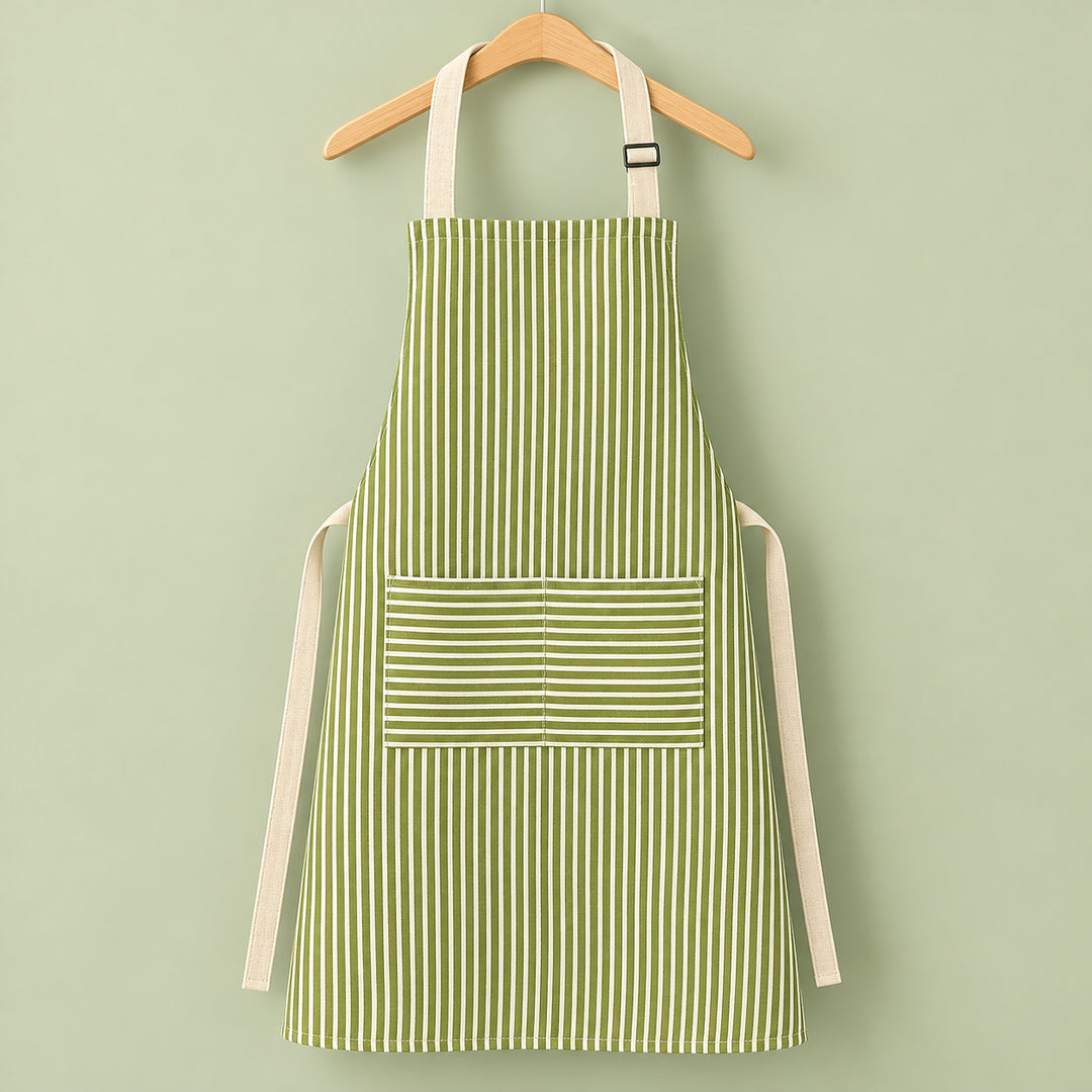 One green striped bib apron with beige straps and divided front pocket.