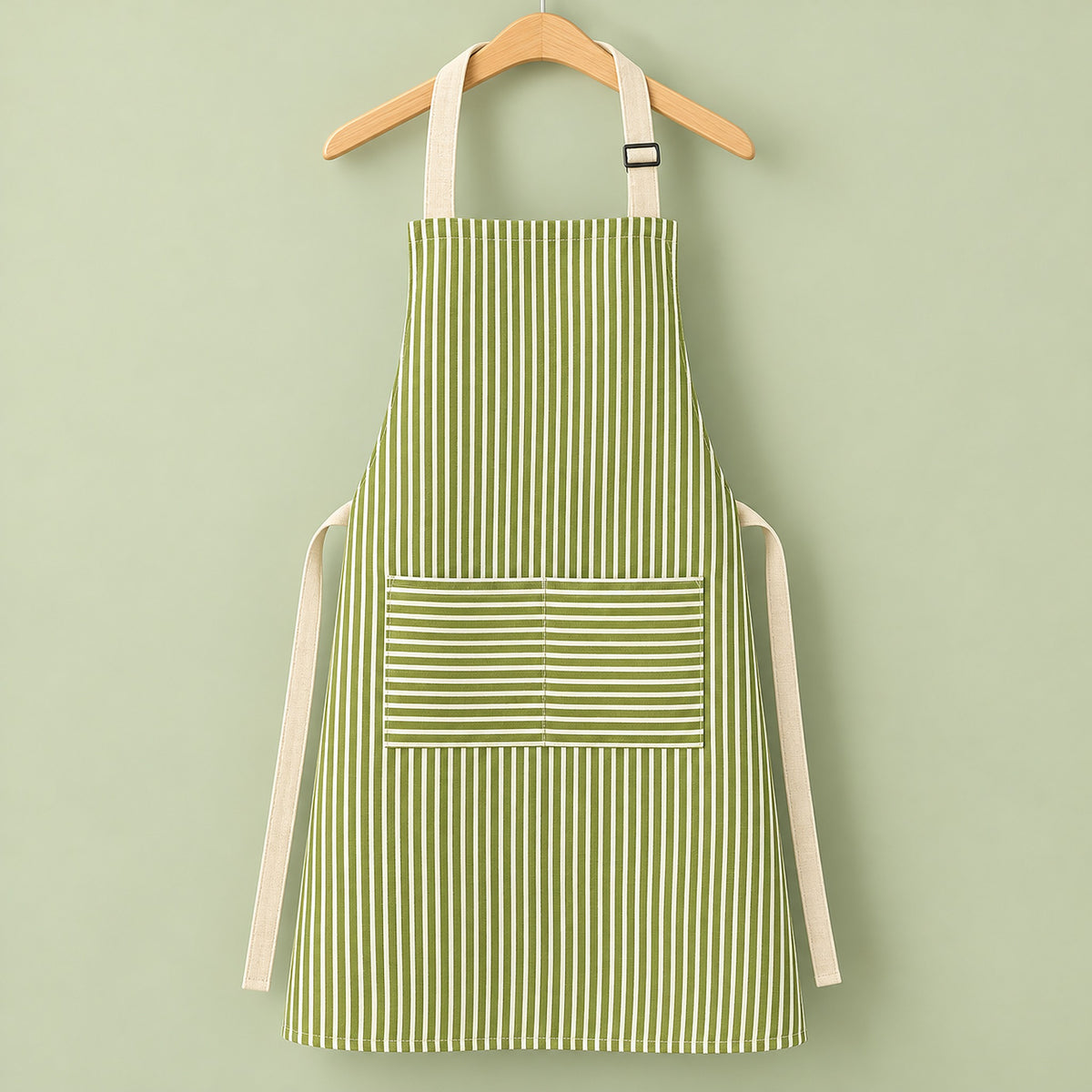 One green striped bib apron with beige straps and divided front pocket.