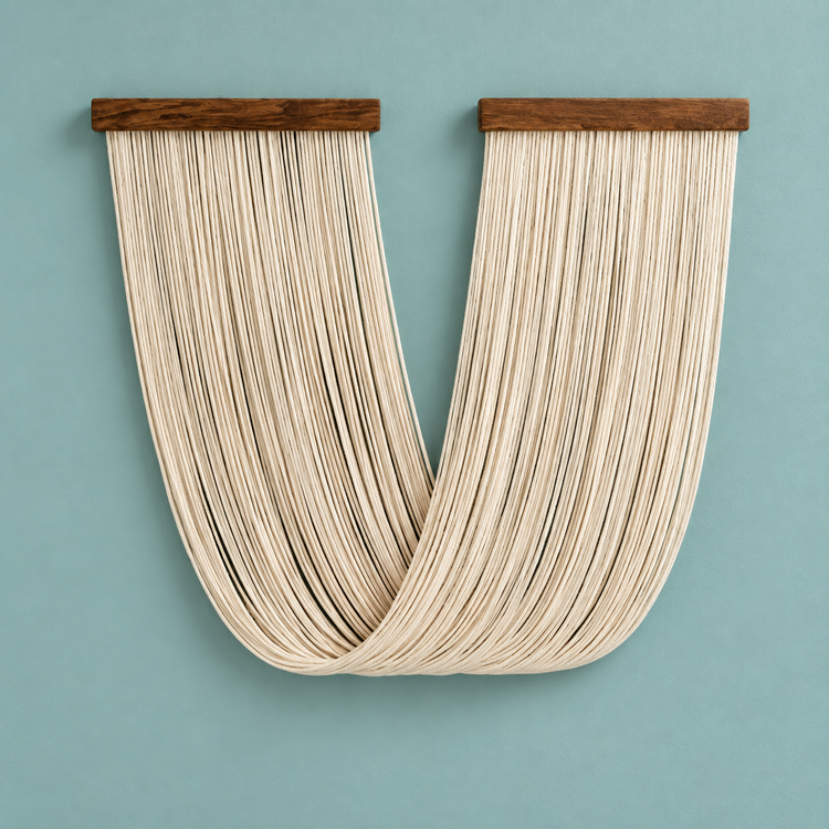 Creamy-white studio on teal, two battens crossing into one deep v