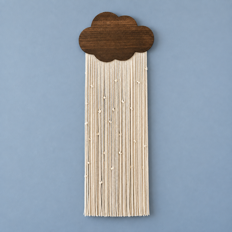 D, cream, studio on blue, rain cord in 4 colors, dark stained wood cloud panel, twisted cord with knotted detail