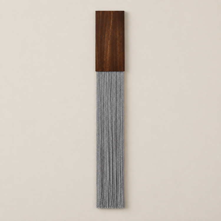 Gray single, studio on cream, strips, set of four, stained hardwood block, fine twisted cord