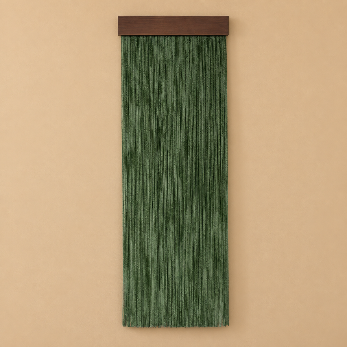 A vertical green macrame wall hanging with a dark brown wooden top bar, displayed against a solid beige background.