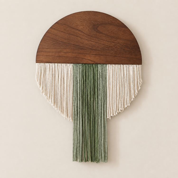 Green 40x50 studio on cream, circle with a green tongue, 40 x 40 or 40 x 50 cm wood and fringe disc