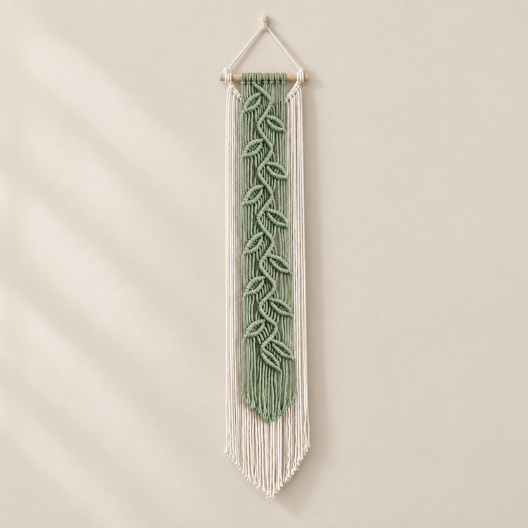 Sage green macrame banner with a cream knotted leaf vine on a warm wall