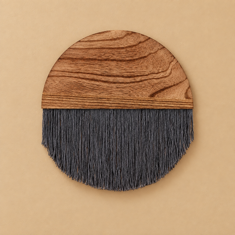 Gray semicircle studio on sand, wood half disc in four fringe silhouettes