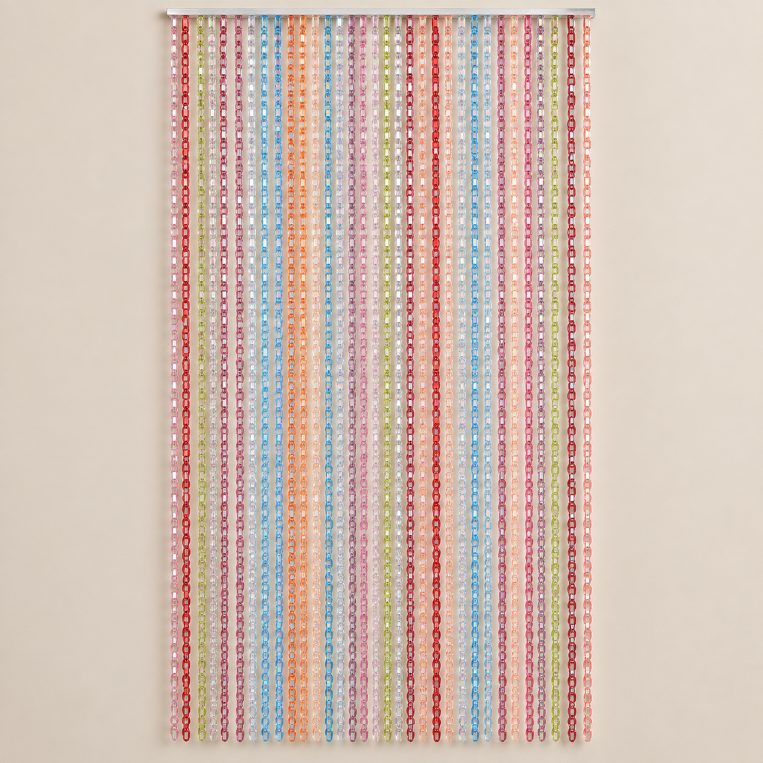 A vertical beaded curtain hanging from a metal rod, featuring multiple columns of translucent beads in red, pink, orange, yellow, green, and blue on a light beige background.