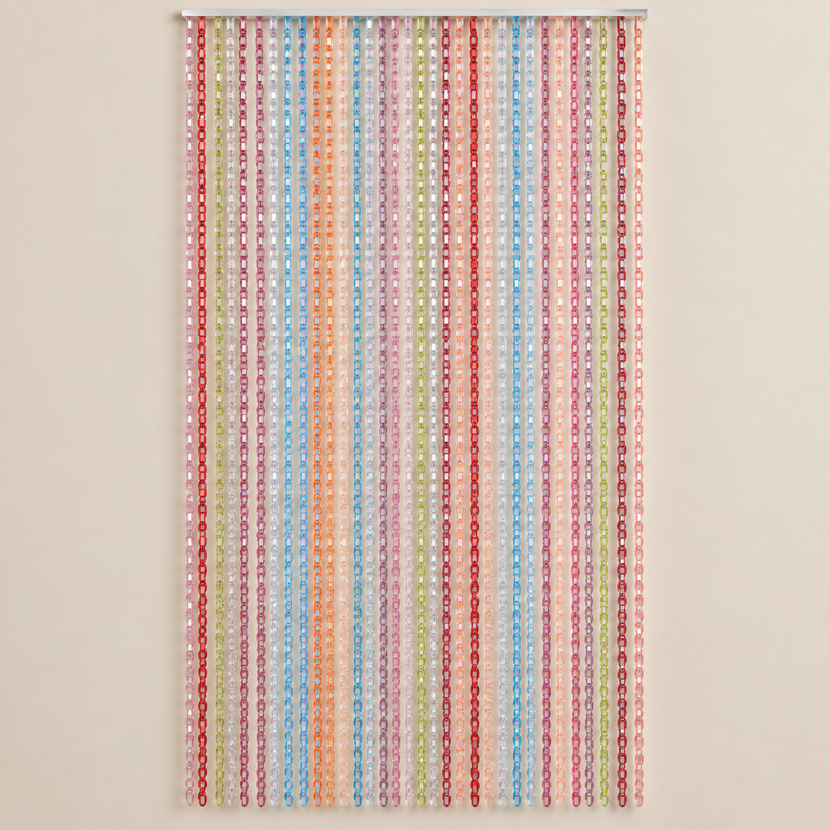 A vertical beaded curtain hanging from a metal rod, featuring multiple columns of translucent beads in red, pink, orange, yellow, green, and blue on a light beige background.