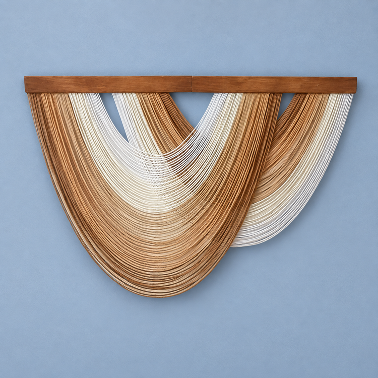 Khaki studio on blue, graded swag fan in four colorways, fine twisted cord, stained wood rod