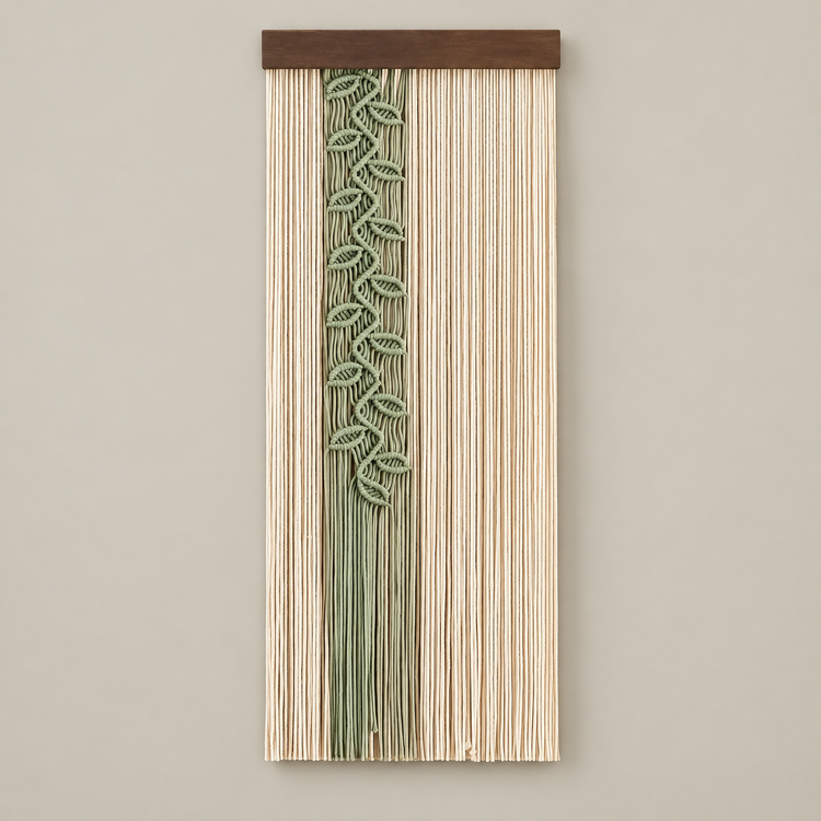 Large, green vine, studio on cream, knotted leaf vine panel, single or pair