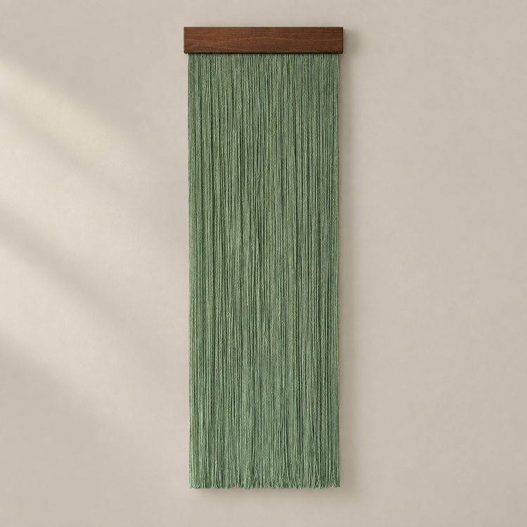 Single sage fringe panel on a dark stained batten against a warm gray wall