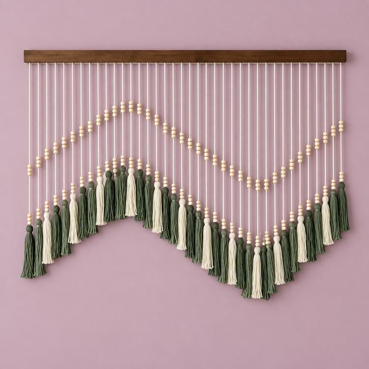 N-type green studio on pink, zigzag bead and tassel curtain, twisted cord, round pale wooden beads