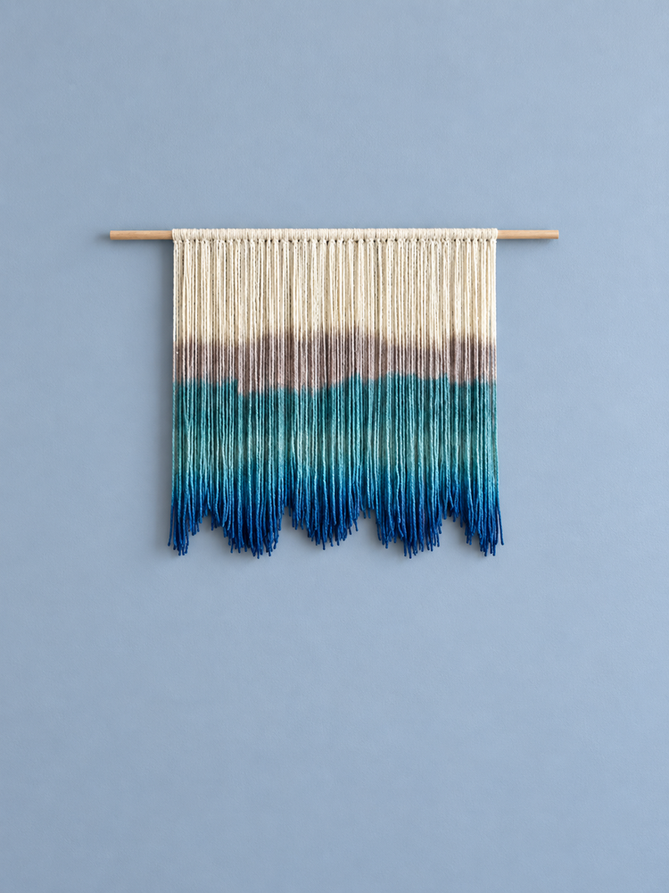 Pole 80 panel 60 studio on blue, dip dyed fringe, 5 sizes, fine twisted cord, natural wooden pole