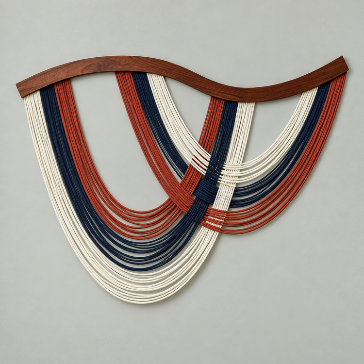 A modern wall-mounted decorative sculpture featuring a wavy dark brown wooden top bar and multiple layered curved strands in cream, navy blue, and terracotta red, set against a solid light gray background.