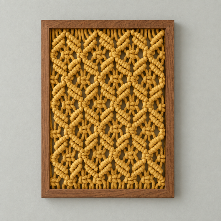 Two frames on a corner wall above a desk, macrame panel in 13 knot styles